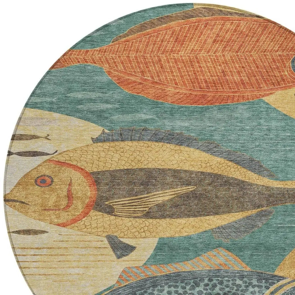 8' Teal Blue And Gold Round Tropical Fish Washable Indoor Outdoor Area Rug Homeroots Outdoor