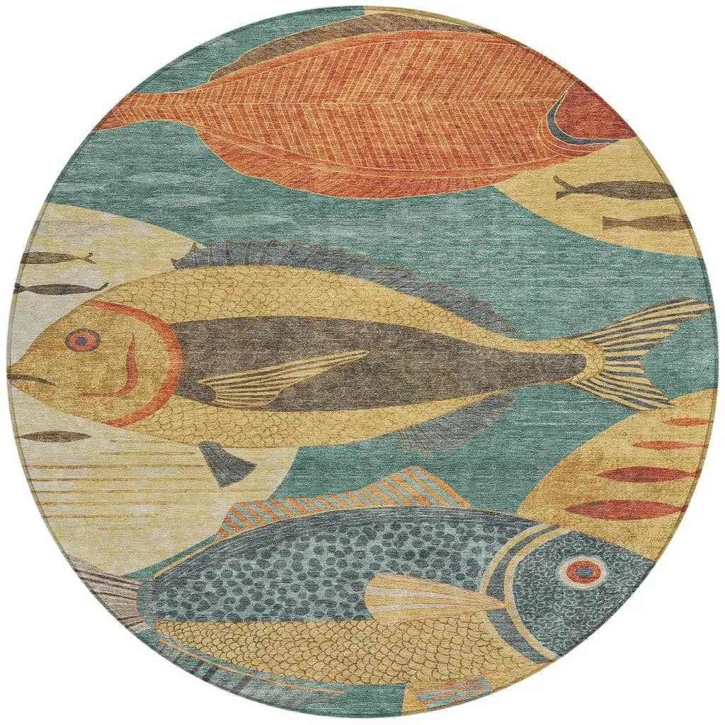 8' Teal Blue And Gold Round Tropical Fish Washable Indoor Outdoor Area Rug Homeroots Outdoor