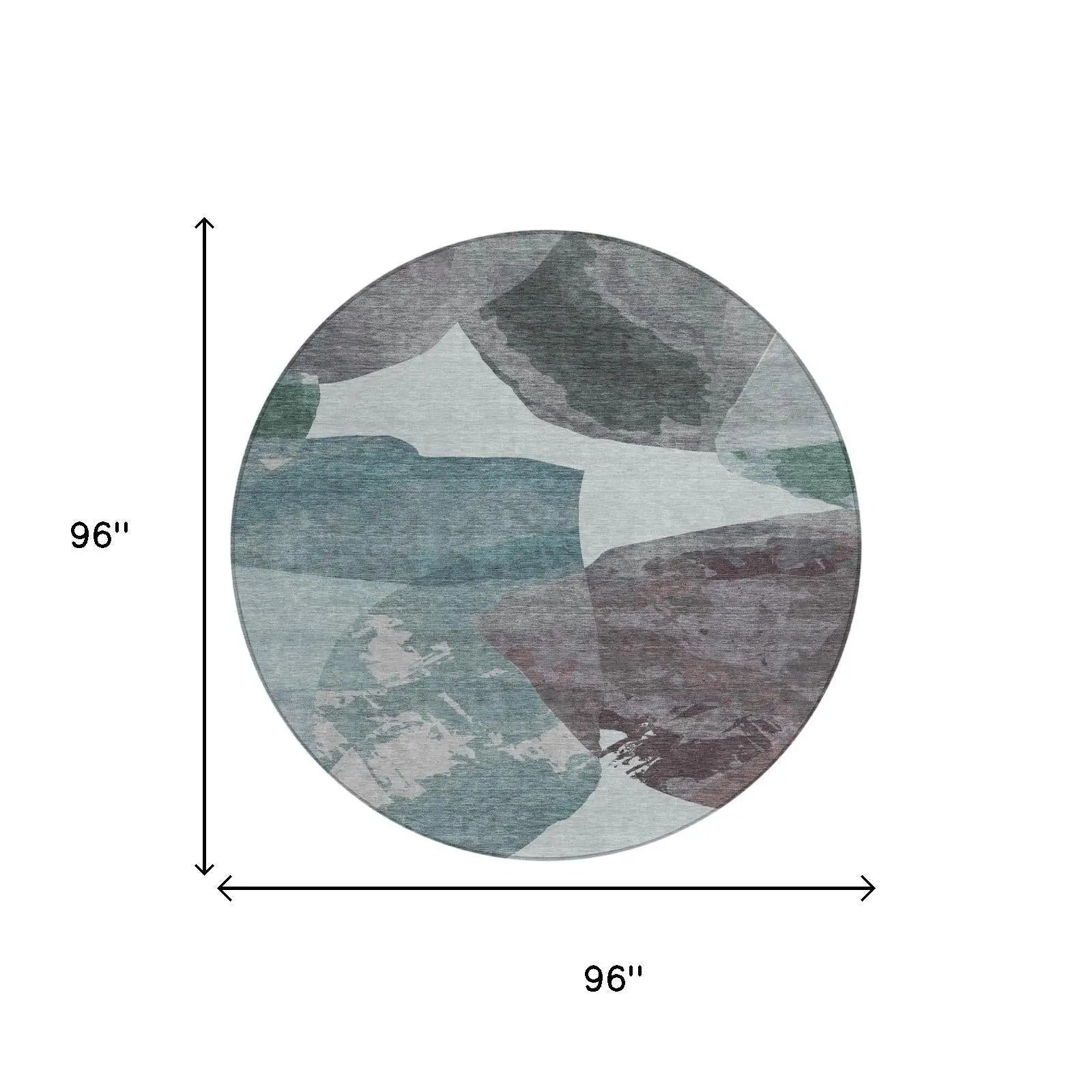 8' Teal Blue And Graphite Round Abstract Washable Indoor Outdoor Area Rug Homeroots Outdoor