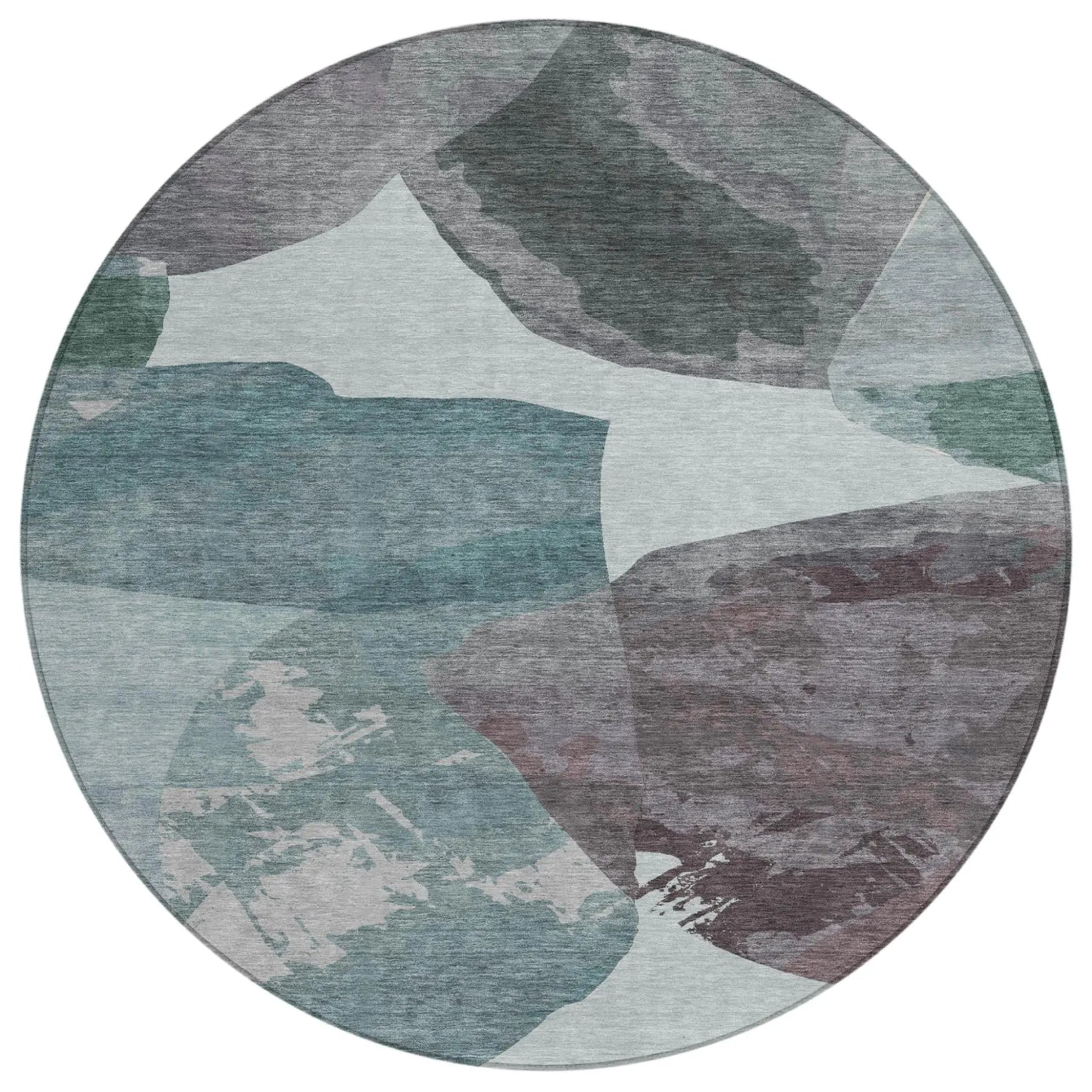 8' Teal Blue And Graphite Round Abstract Washable Indoor Outdoor Area Rug Homeroots Outdoor