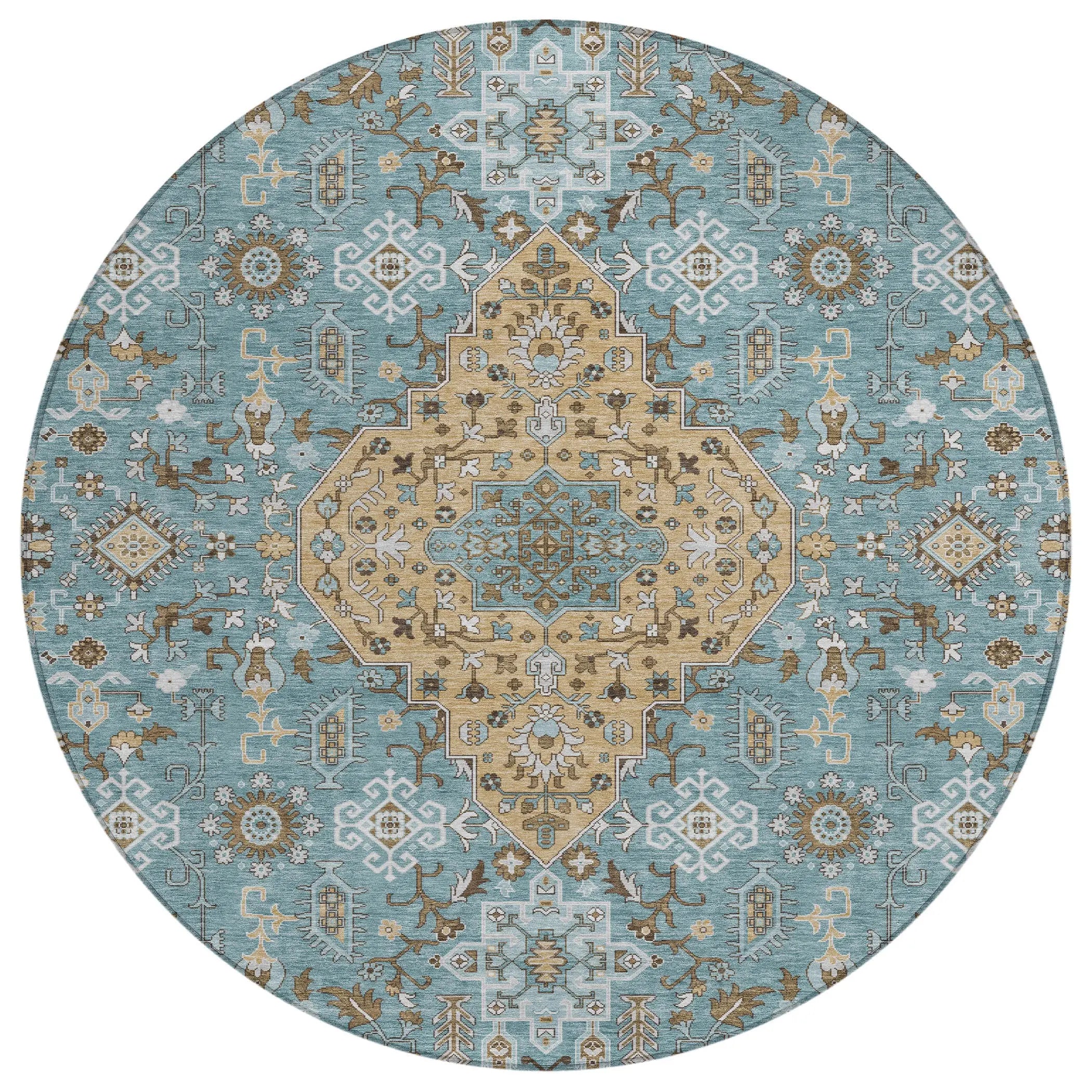 8' Teal Blue And Graphite Round Medallion Washable Indoor Outdoor Area Rug Homeroots Outdoor