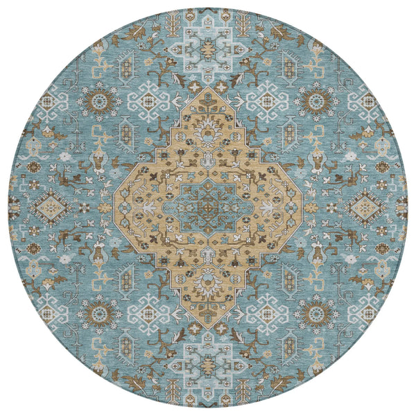 8' Teal Blue And Graphite Round Medallion Washable Indoor Outdoor Area Rug Homeroots Outdoor