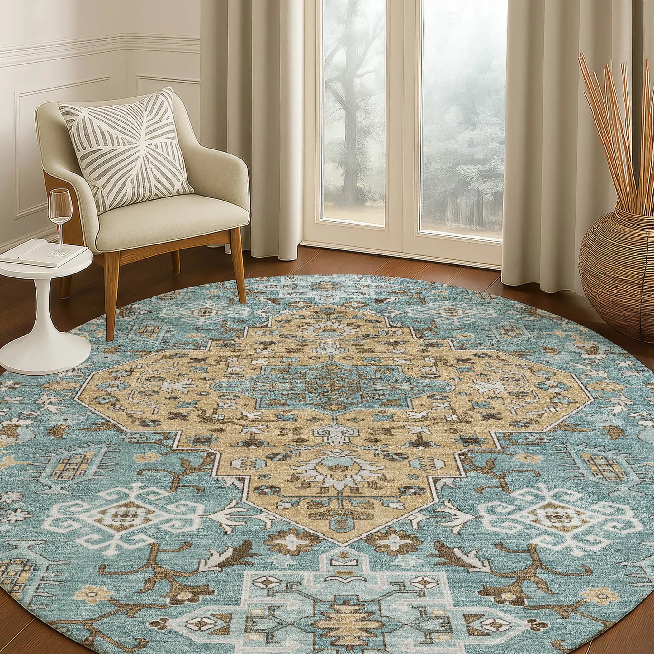 8' Teal Blue And Graphite Round Medallion Washable Indoor Outdoor Area Rug Homeroots Outdoor