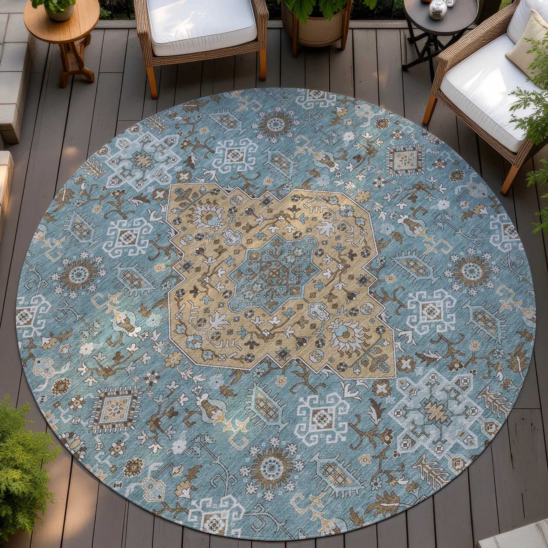 8' Teal Blue And Graphite Round Medallion Washable Indoor Outdoor Area Rug Homeroots Outdoor