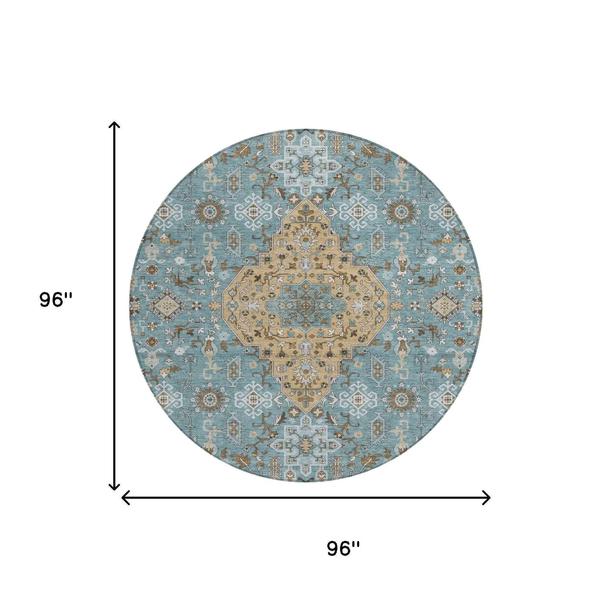 8' Teal Blue And Graphite Round Medallion Washable Indoor Outdoor Area Rug Homeroots Outdoor