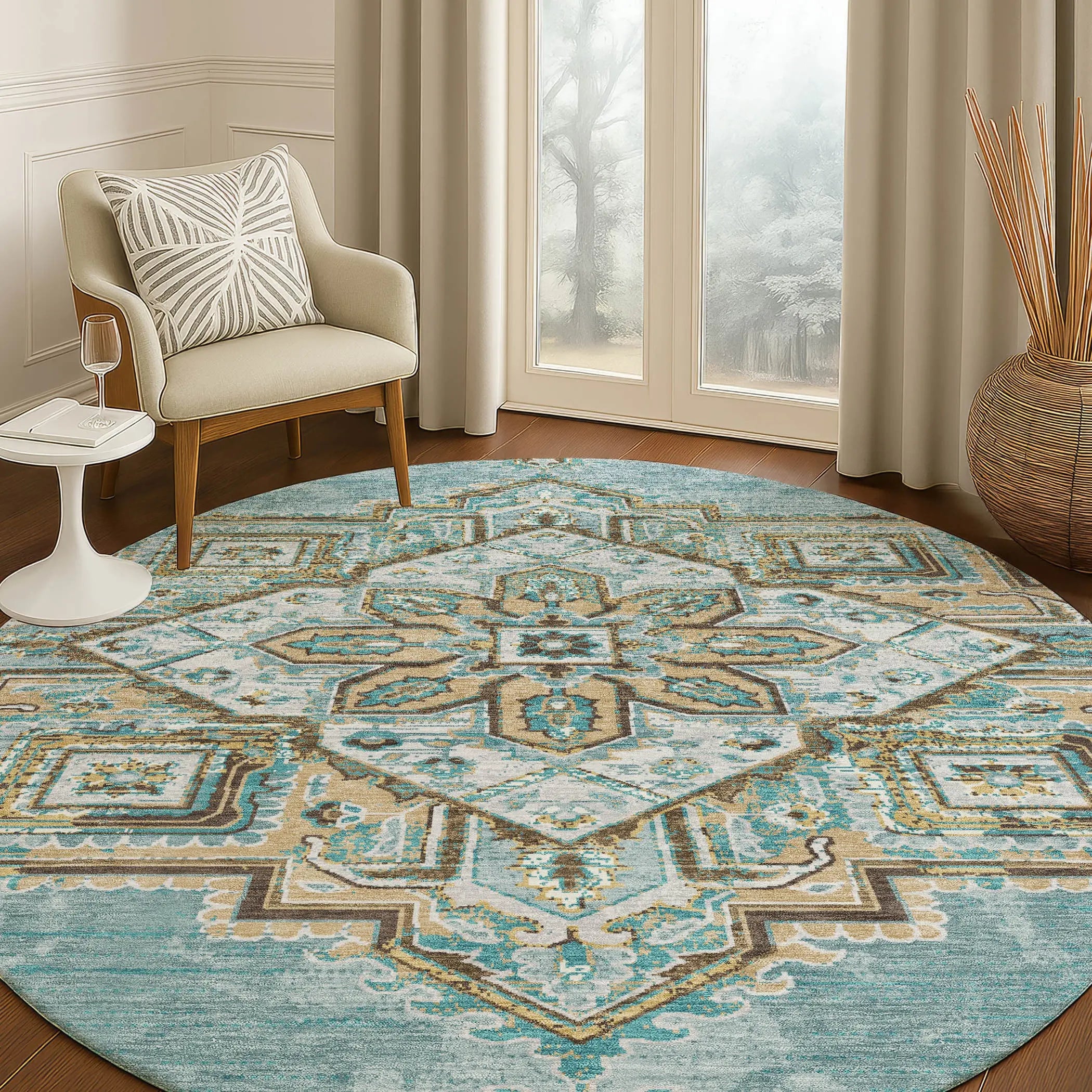 8' Teal Blue And Graphite Round Oriental Washable Indoor Outdoor Area Rug Homeroots Outdoor