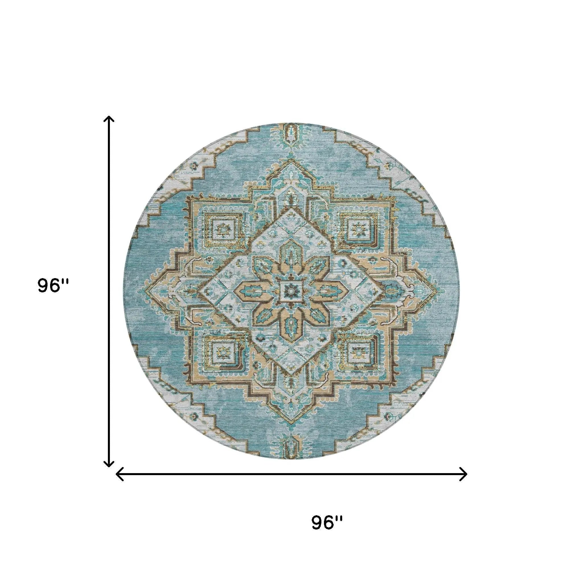 8' Teal Blue And Graphite Round Oriental Washable Indoor Outdoor Area Rug Homeroots Outdoor
