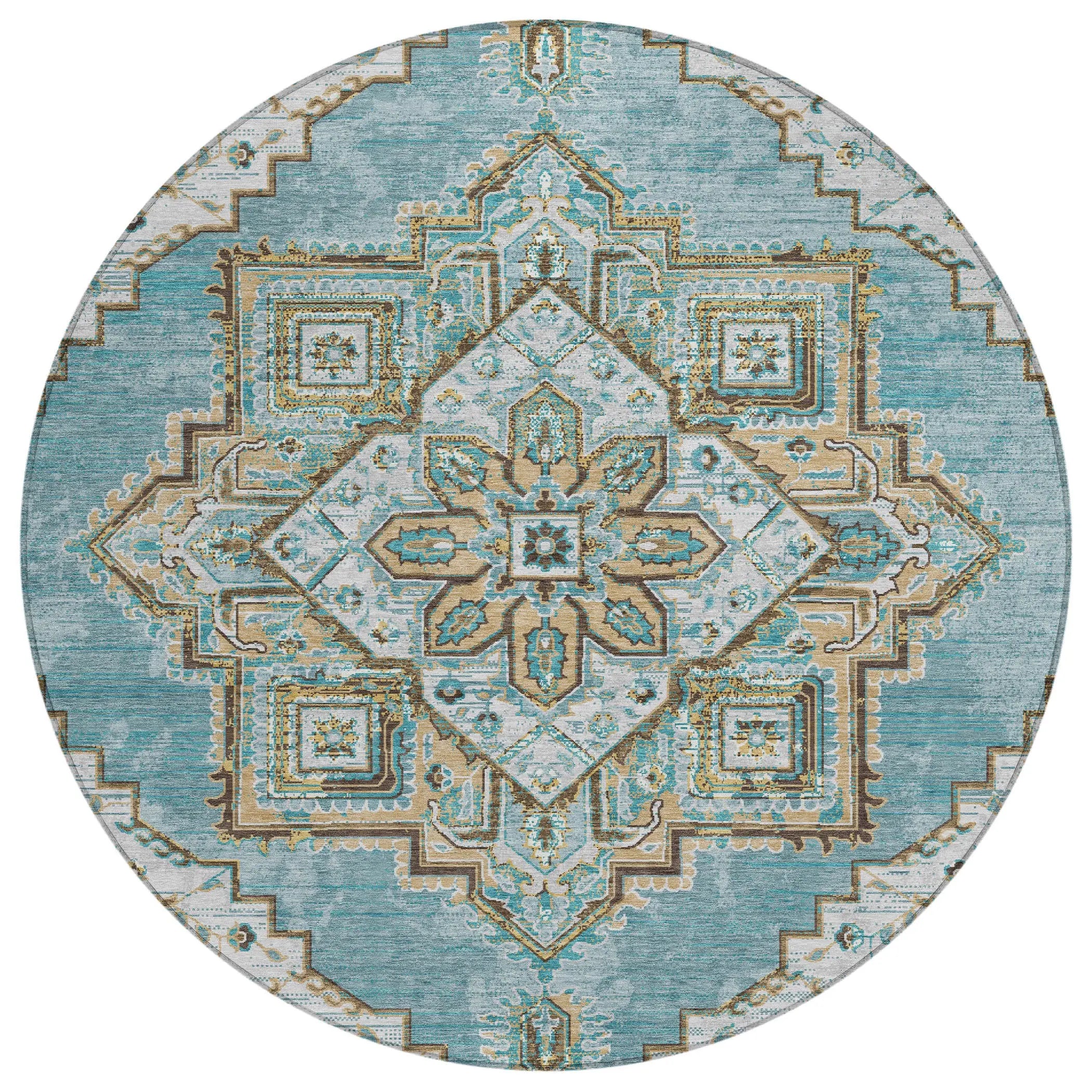 8' Teal Blue And Graphite Round Oriental Washable Indoor Outdoor Area Rug Homeroots Outdoor
