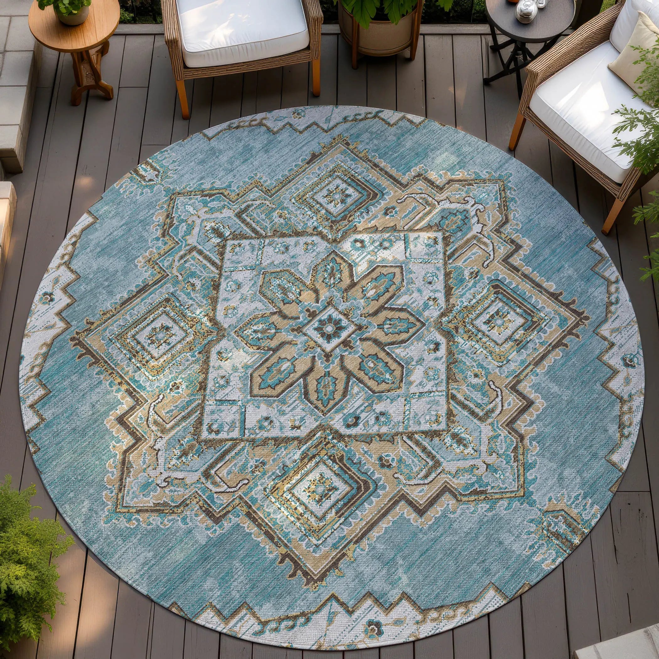 8' Teal Blue And Graphite Round Oriental Washable Indoor Outdoor Area Rug Homeroots Outdoor