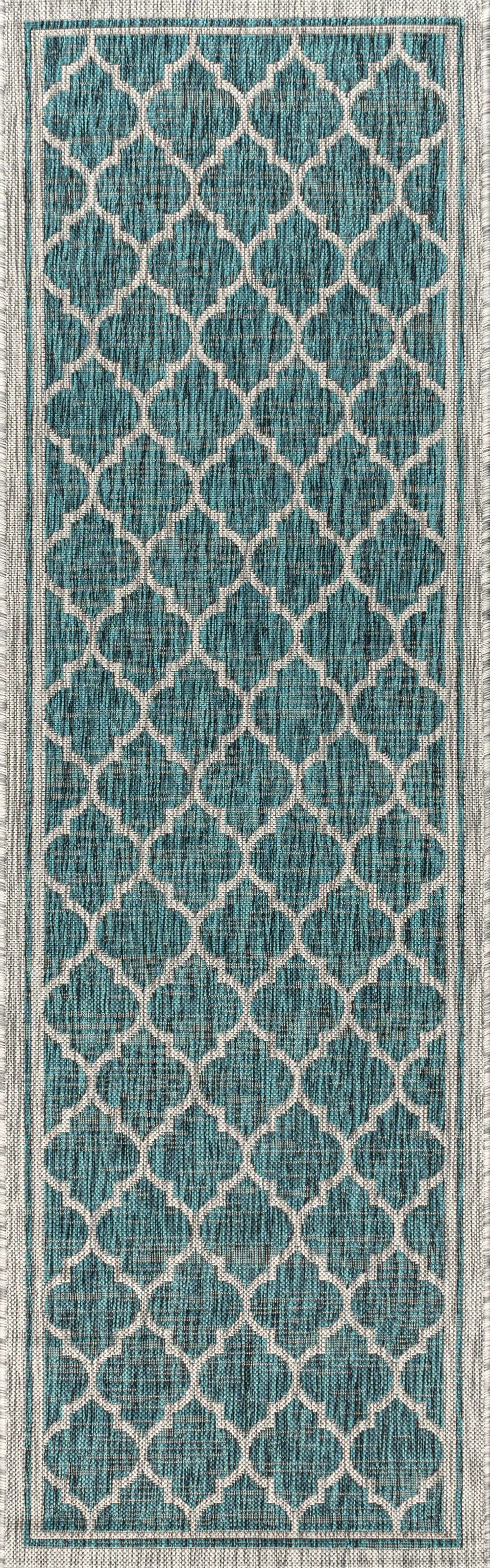 8' Teal Blue And Gray Geometric Indoor Outdoor Runner Rug Homeroots Outdoor