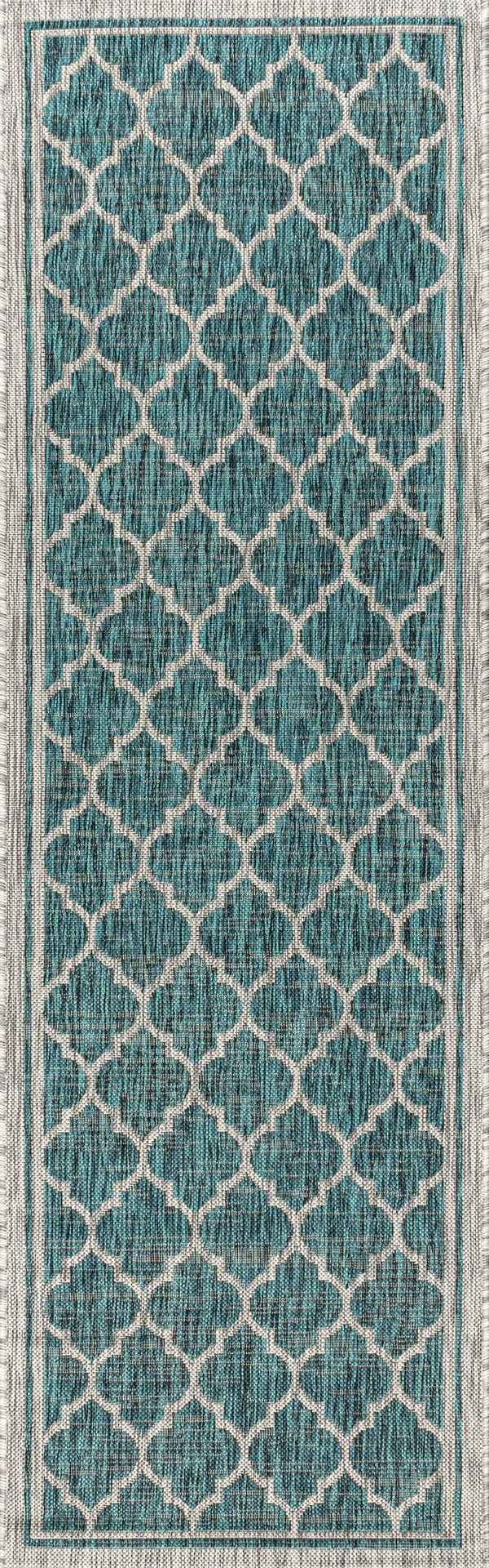 8' Teal Blue And Gray Geometric Indoor Outdoor Runner Rug Homeroots Outdoor