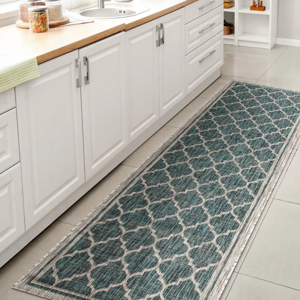 8' Teal Blue And Gray Geometric Indoor Outdoor Runner Rug Homeroots Outdoor