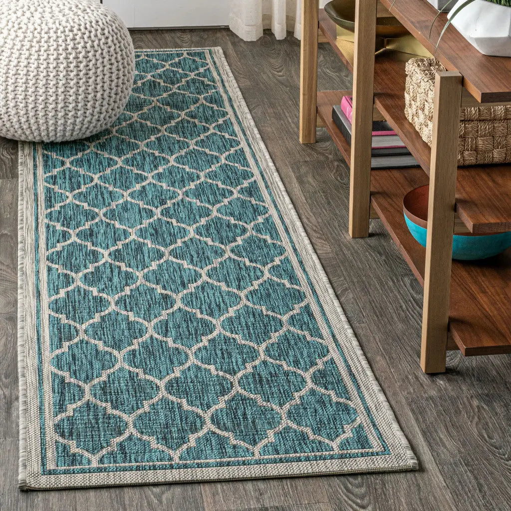8' Teal Blue And Gray Geometric Indoor Outdoor Runner Rug Homeroots Outdoor