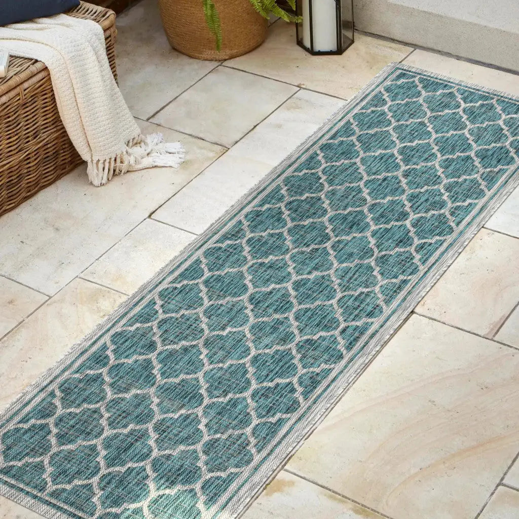 8' Teal Blue And Gray Geometric Indoor Outdoor Runner Rug Homeroots Outdoor