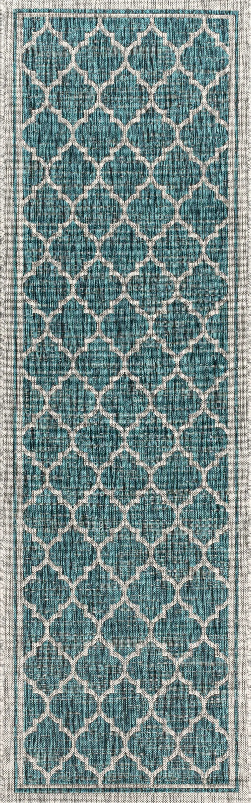 8' Teal Blue And Gray Geometric Indoor Outdoor Runner Rug Homeroots Outdoor