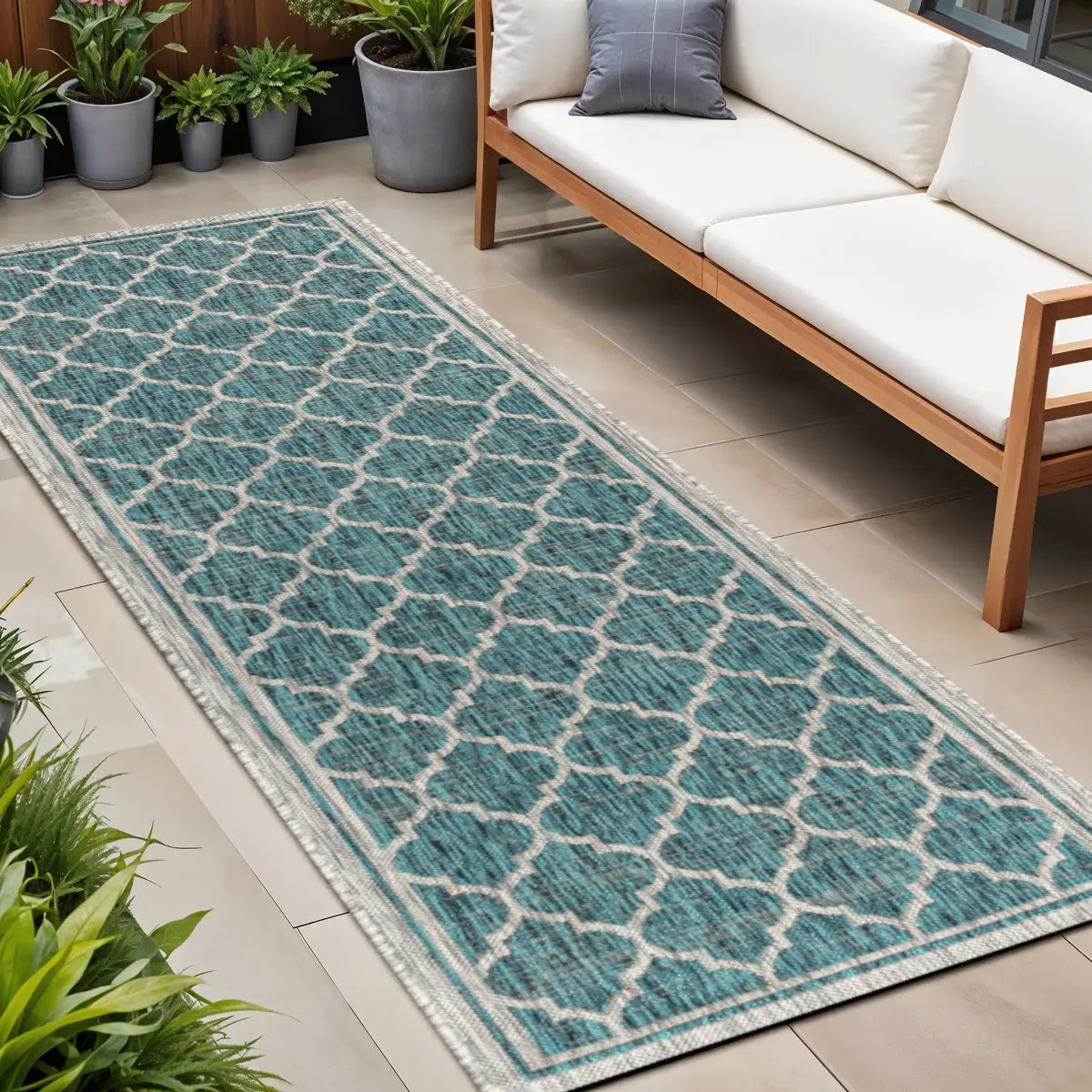 8' Teal Blue And Gray Geometric Indoor Outdoor Runner Rug Homeroots Outdoor