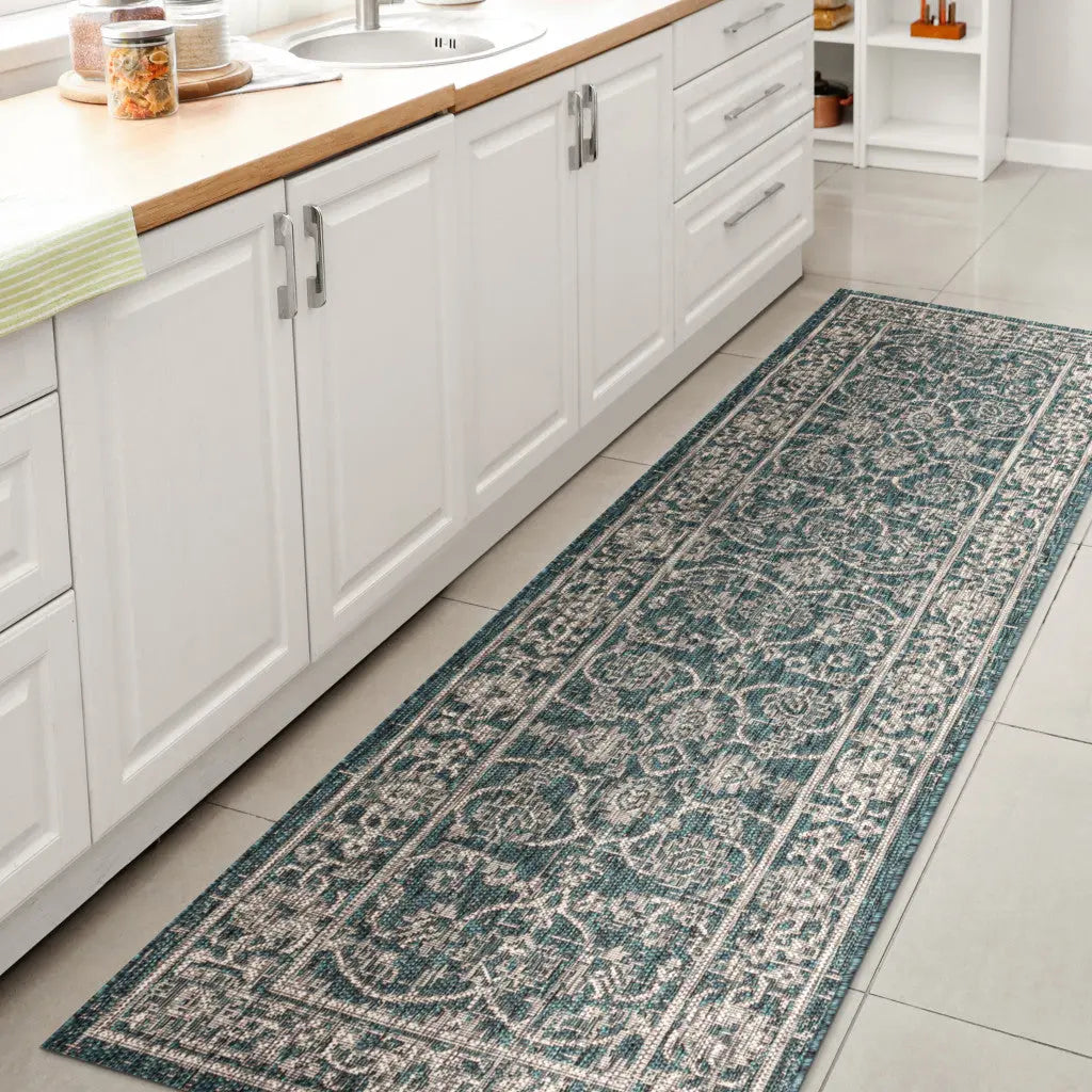 8' Teal Blue And Gray Medallion Indoor Outdoor Runner Rug Homeroots Outdoor