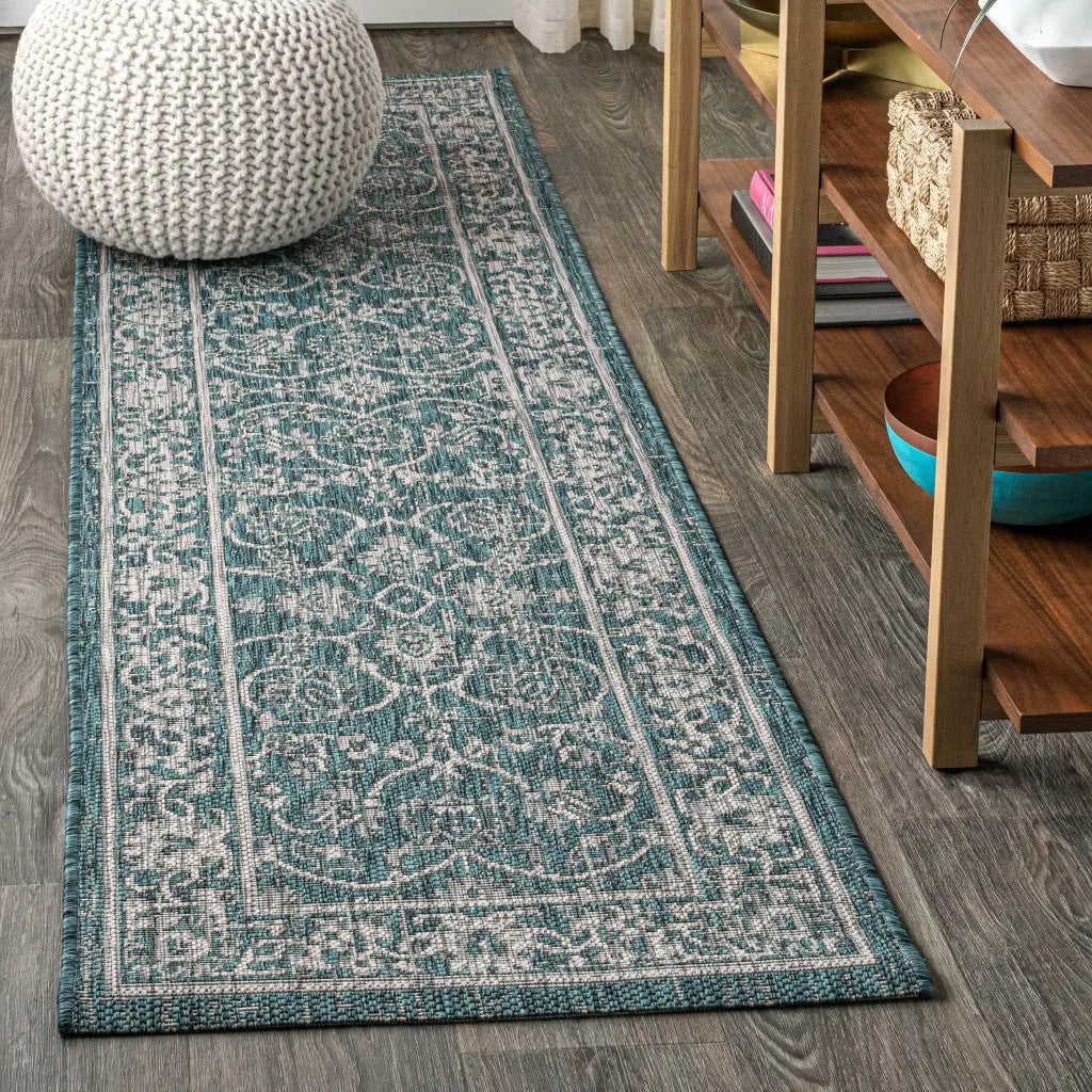 8' Teal Blue And Gray Medallion Indoor Outdoor Runner Rug Homeroots Outdoor