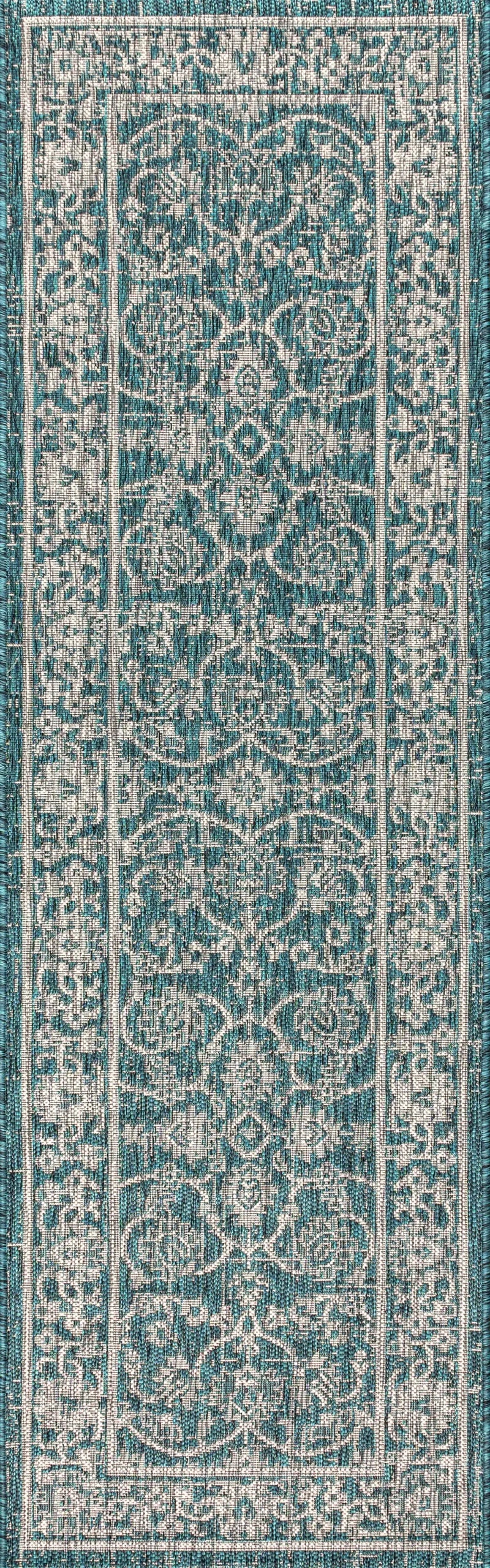 8' Teal Blue And Gray Medallion Indoor Outdoor Runner Rug Homeroots Outdoor