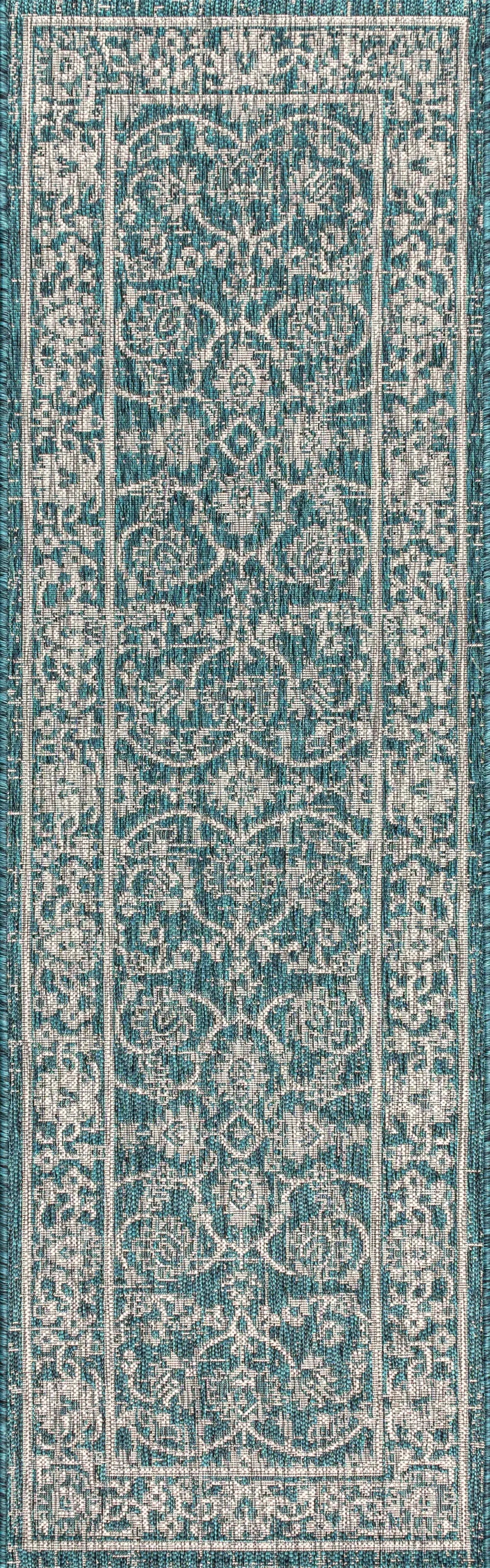 8' Teal Blue And Gray Medallion Indoor Outdoor Runner Rug Homeroots Outdoor
