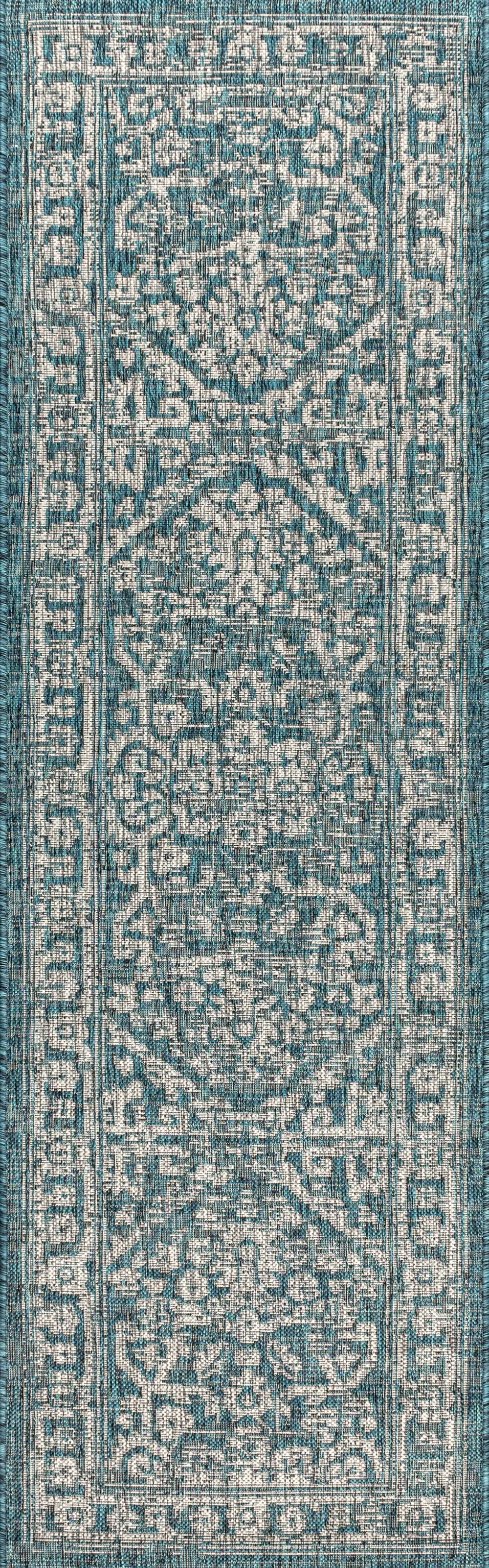 8' Teal Blue And Gray Medallion Indoor Outdoor Runner Rug Homeroots Outdoor