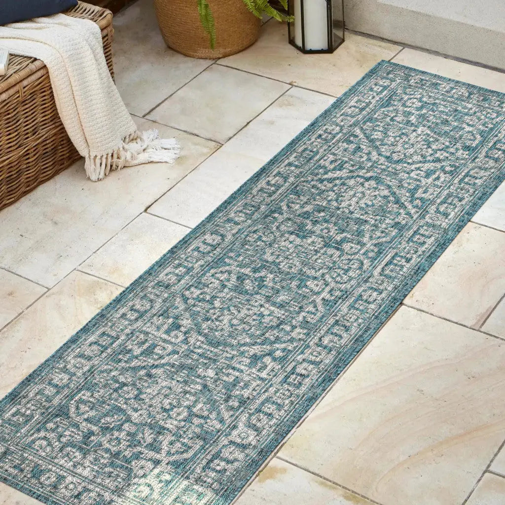 8' Teal Blue And Gray Medallion Indoor Outdoor Runner Rug Homeroots Outdoor
