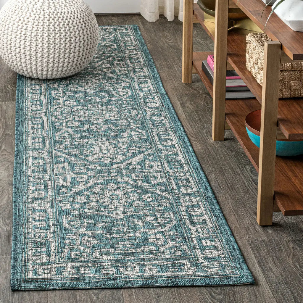 8' Teal Blue And Gray Medallion Indoor Outdoor Runner Rug Homeroots Outdoor