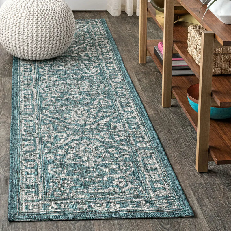 8' Teal Blue And Gray Medallion Indoor Outdoor Runner Rug Homeroots Outdoor