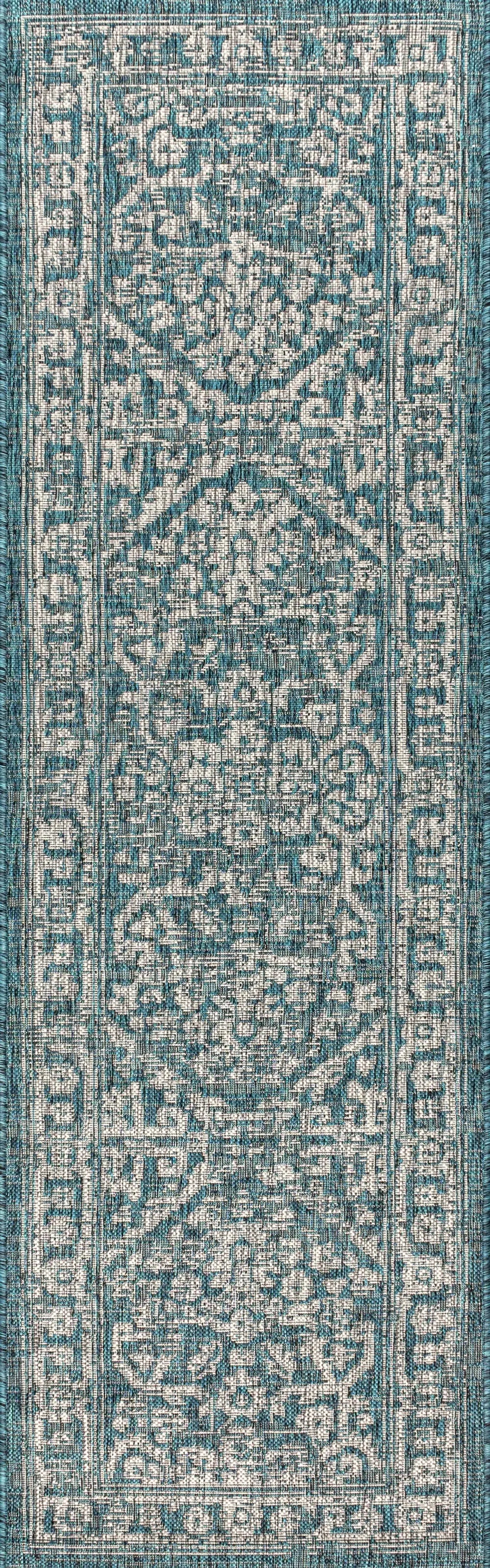 8' Teal Blue And Gray Medallion Indoor Outdoor Runner Rug Homeroots Outdoor