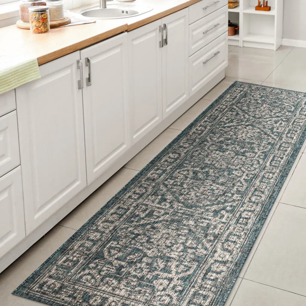 8' Teal Blue And Gray Medallion Indoor Outdoor Runner Rug Homeroots Outdoor