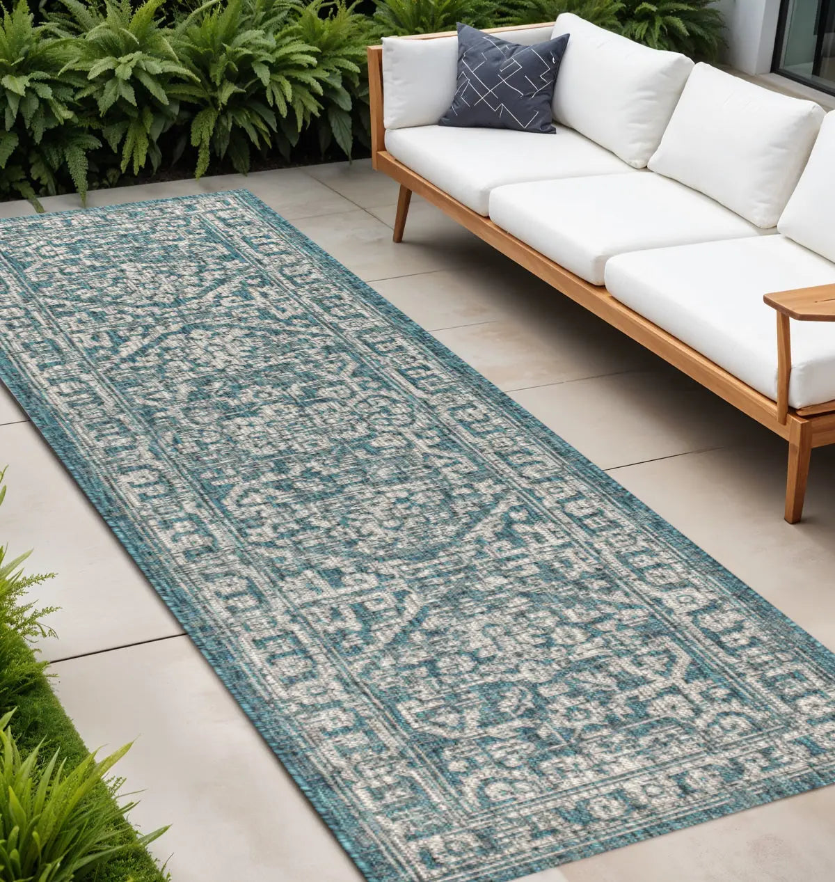 8' Teal Blue And Gray Medallion Indoor Outdoor Runner Rug Homeroots Outdoor