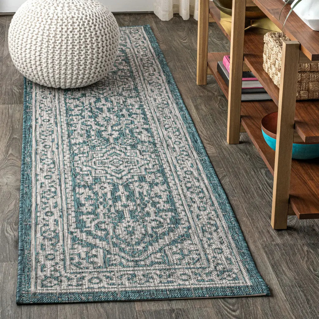8' Teal Blue And Gray Medallion Indoor Outdoor Runner Rug Homeroots Outdoor