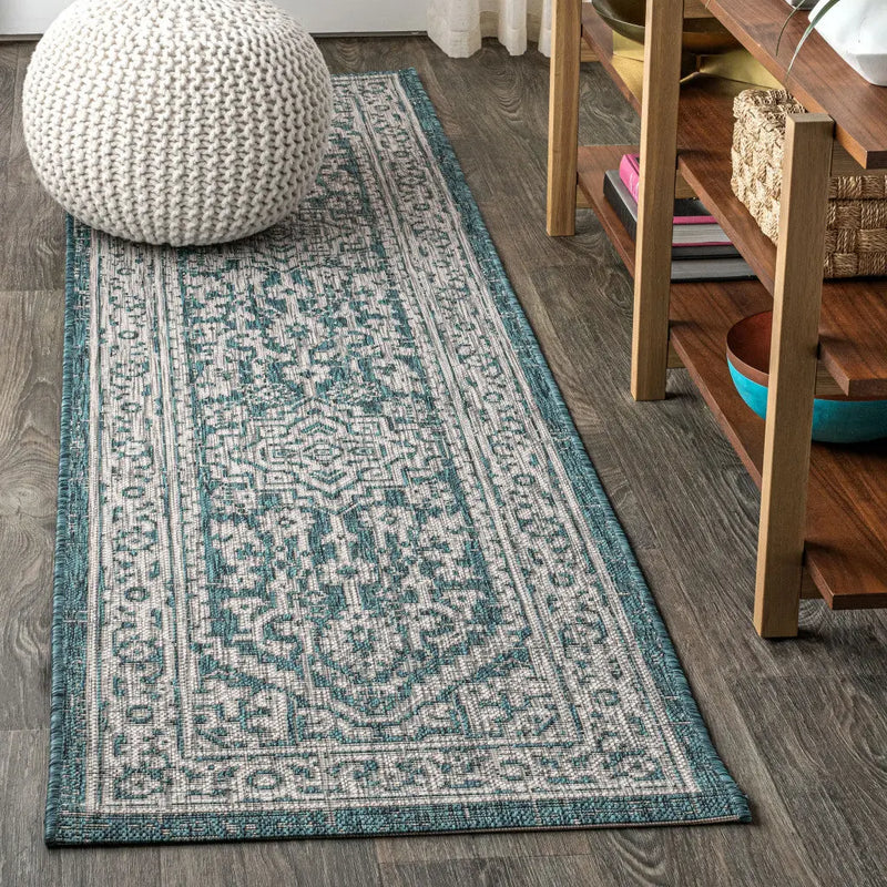 8' Teal Blue And Gray Medallion Indoor Outdoor Runner Rug Homeroots Outdoor