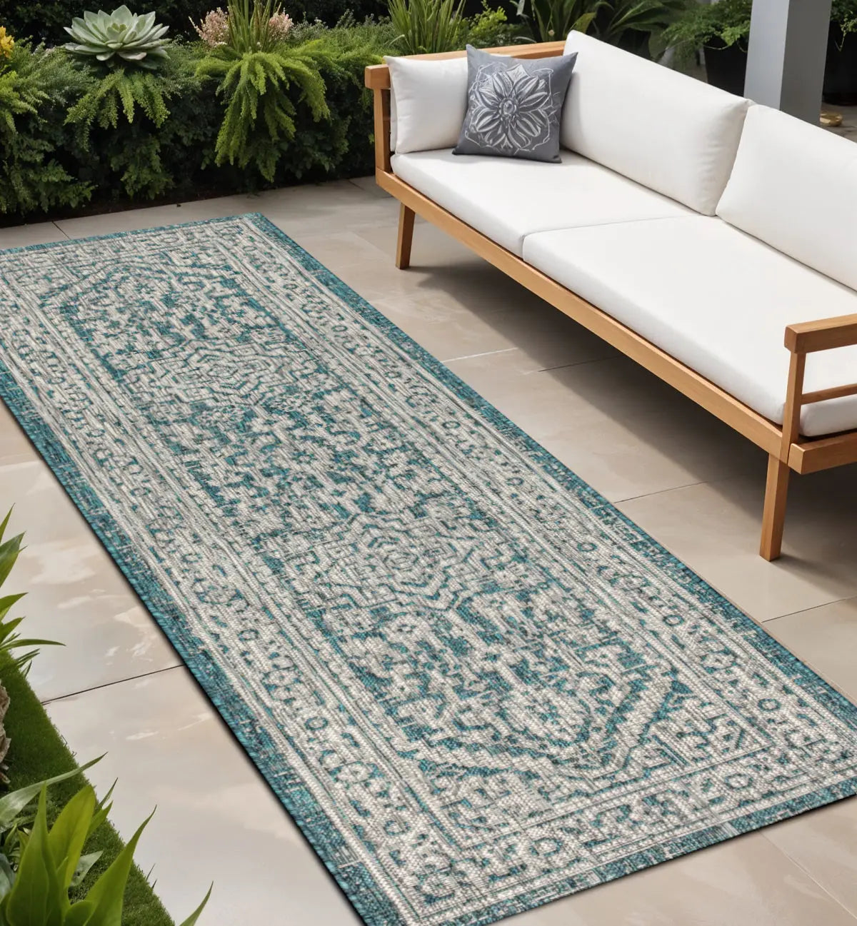 8' Teal Blue And Gray Medallion Indoor Outdoor Runner Rug Homeroots Outdoor