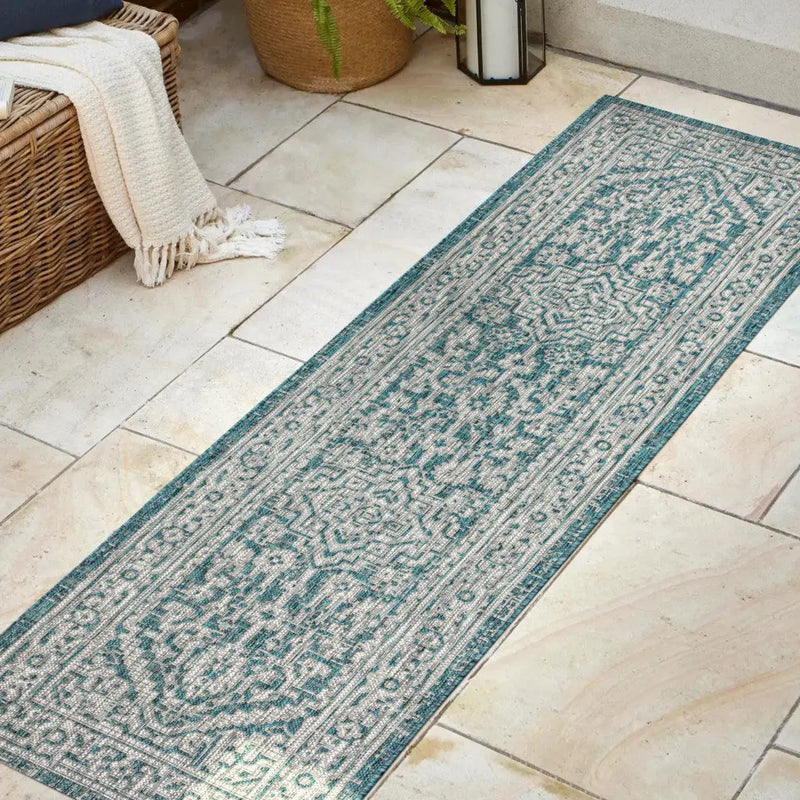 8' Teal Blue And Gray Medallion Indoor Outdoor Runner Rug Homeroots Outdoor