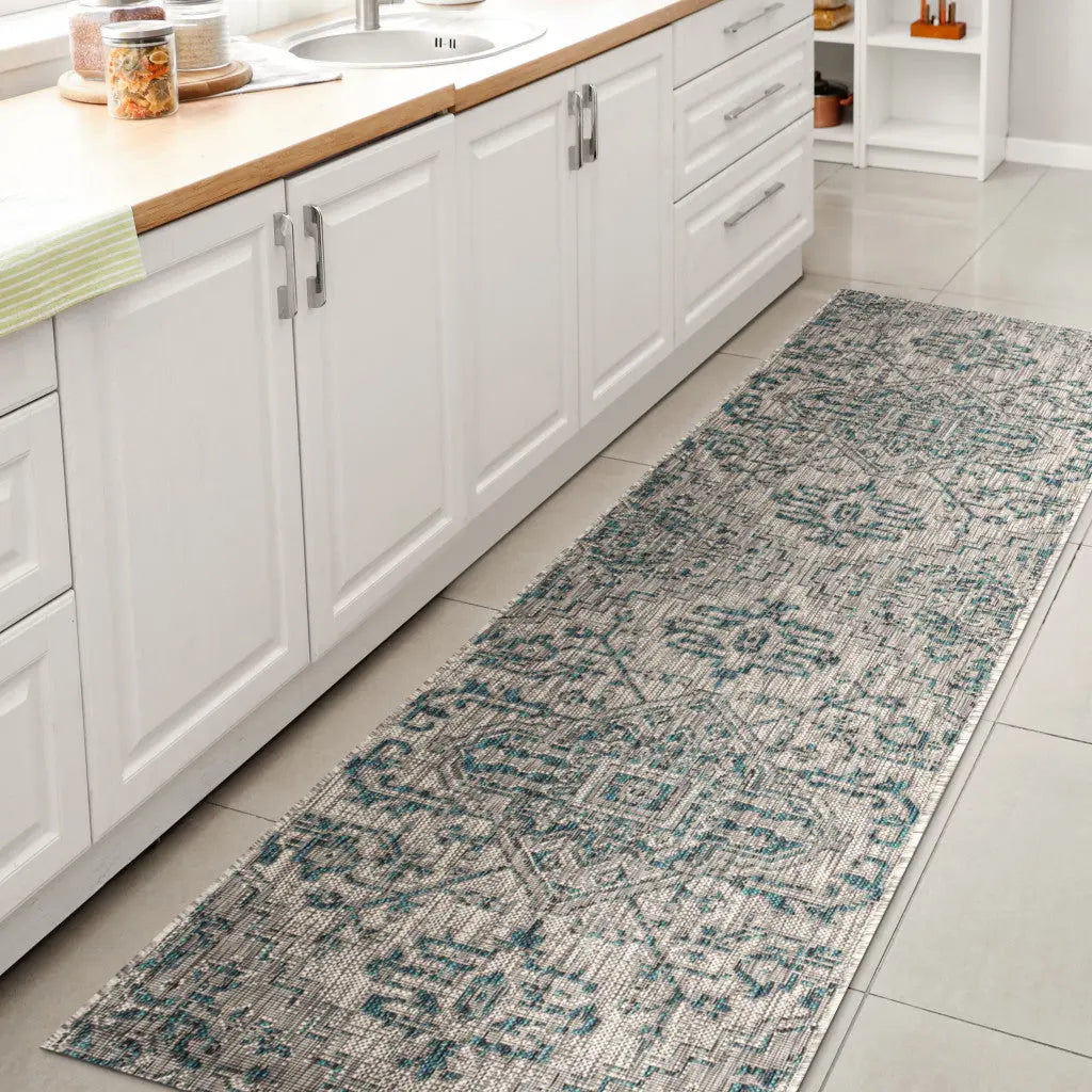 8' Teal Blue And Gray Medallion Indoor Outdoor Runner Rug Homeroots Outdoor