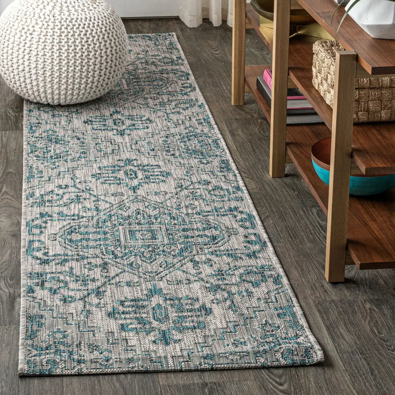 8' Teal Blue And Gray Medallion Indoor Outdoor Runner Rug Homeroots Outdoor