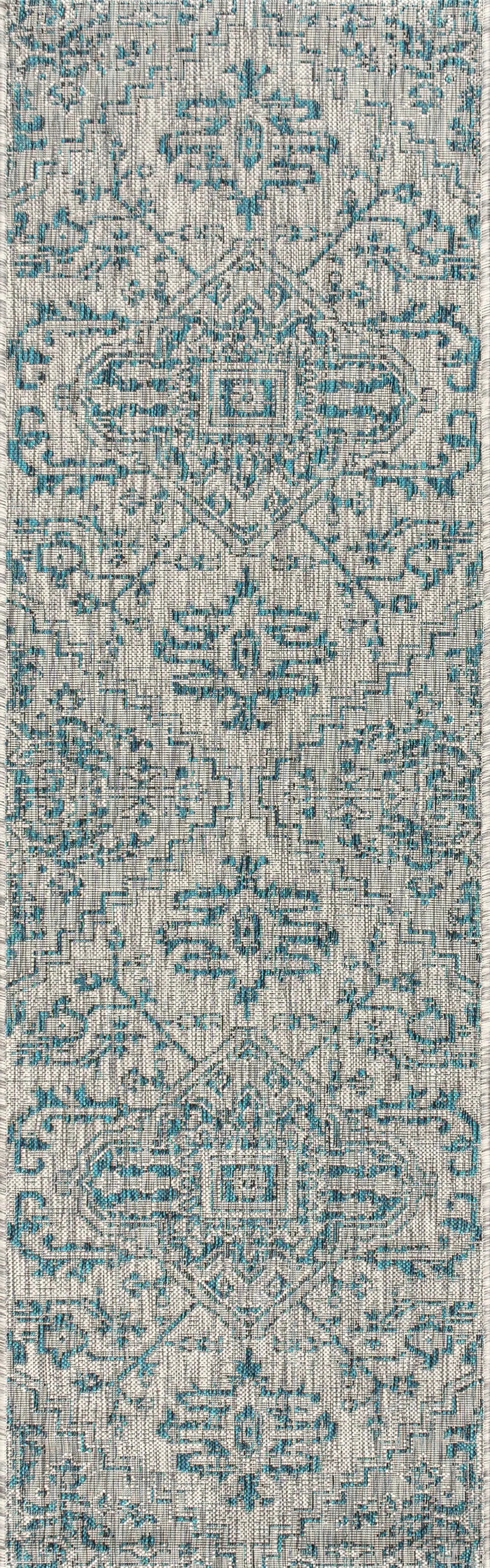 8' Teal Blue And Gray Medallion Indoor Outdoor Runner Rug Homeroots Outdoor