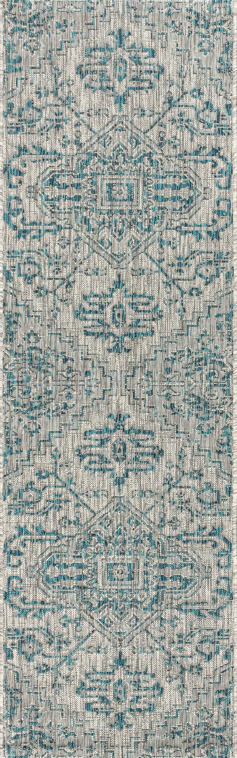 8' Teal Blue And Gray Medallion Indoor Outdoor Runner Rug Homeroots Outdoor
