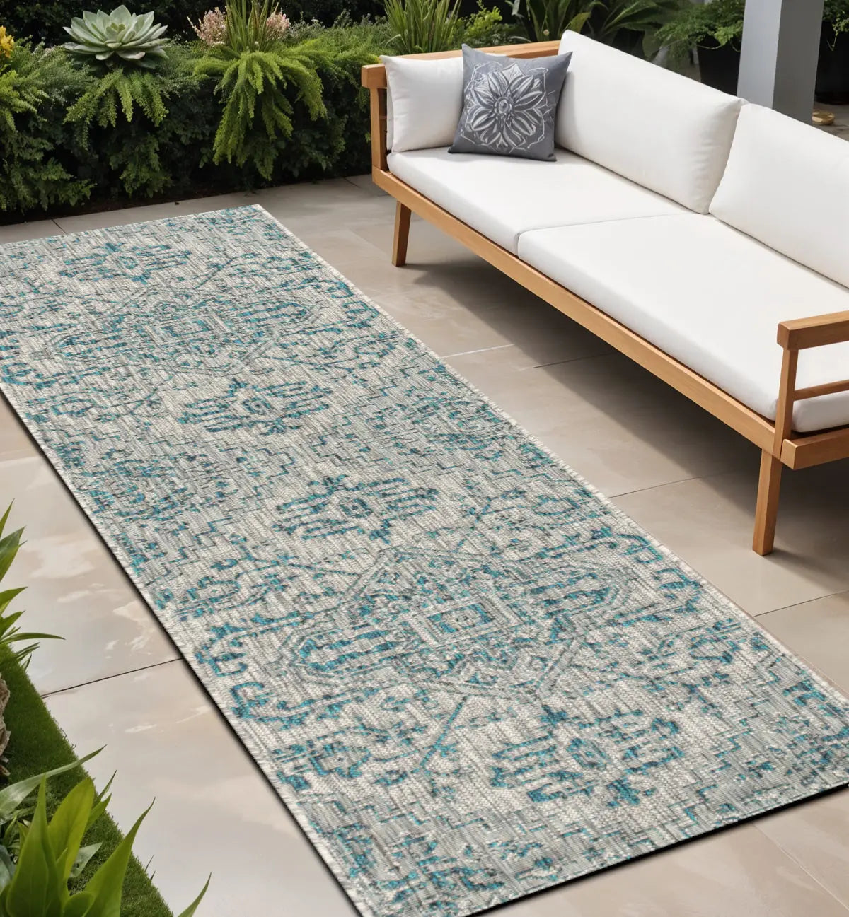 8' Teal Blue And Gray Medallion Indoor Outdoor Runner Rug Homeroots Outdoor