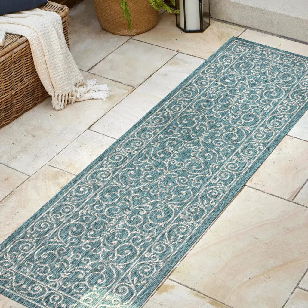 8' Teal Blue And Gray Medallion Indoor Outdoor Runner Rug Homeroots Outdoor