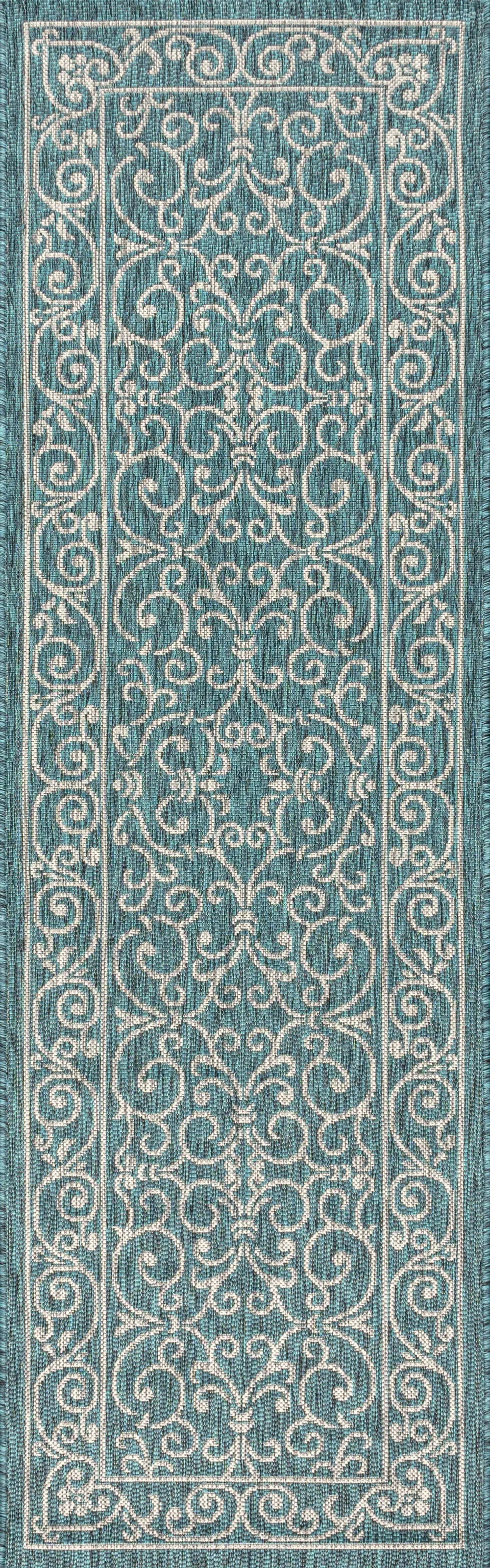 8' Teal Blue And Gray Medallion Indoor Outdoor Runner Rug Homeroots Outdoor