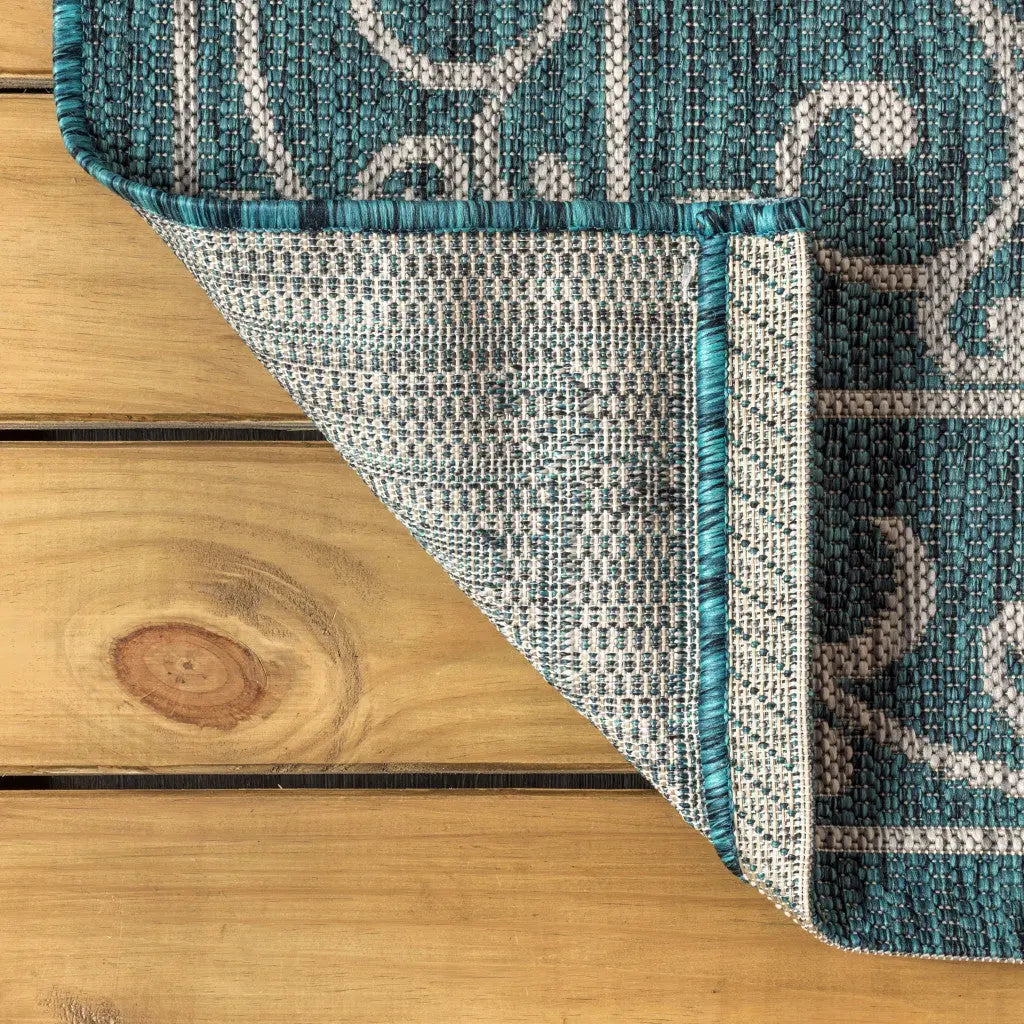 8' Teal Blue And Gray Medallion Indoor Outdoor Runner Rug Homeroots Outdoor