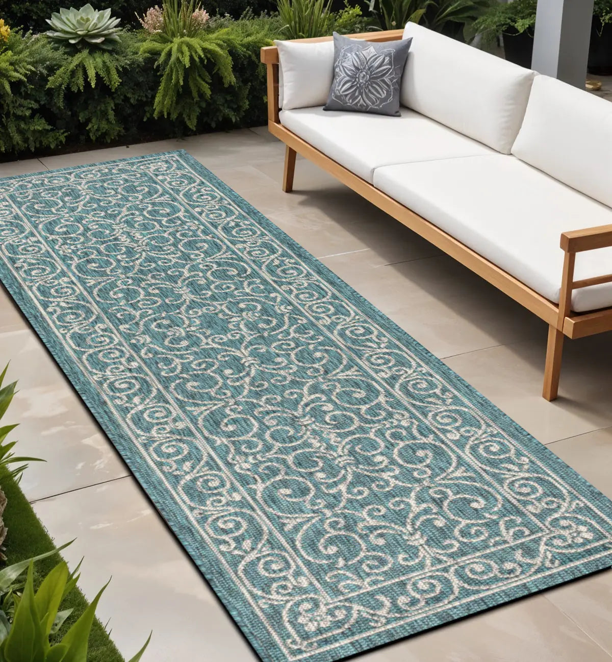 8' Teal Blue And Gray Medallion Indoor Outdoor Runner Rug Homeroots Outdoor