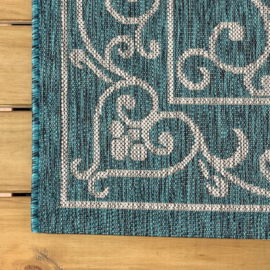 8' Teal Blue And Gray Medallion Indoor Outdoor Runner Rug Homeroots Outdoor