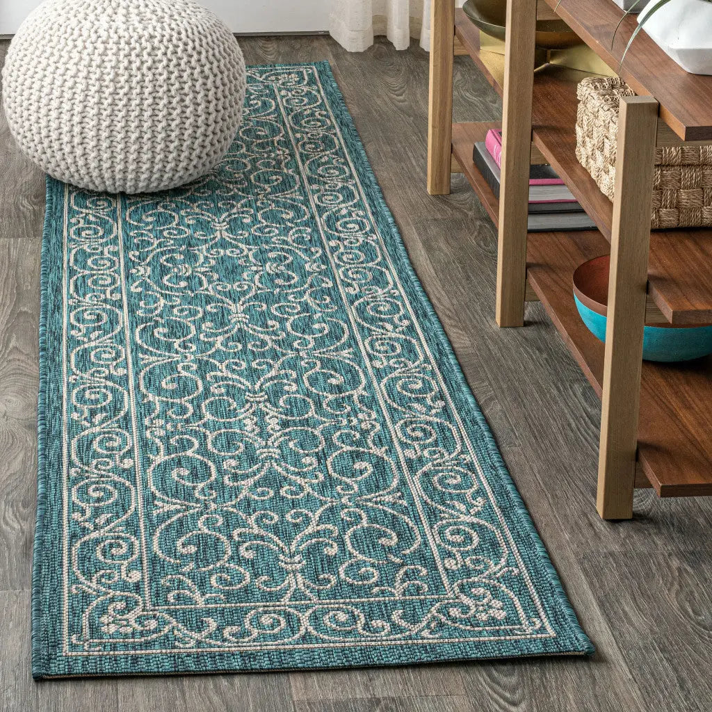 8' Teal Blue And Gray Medallion Indoor Outdoor Runner Rug Homeroots Outdoor