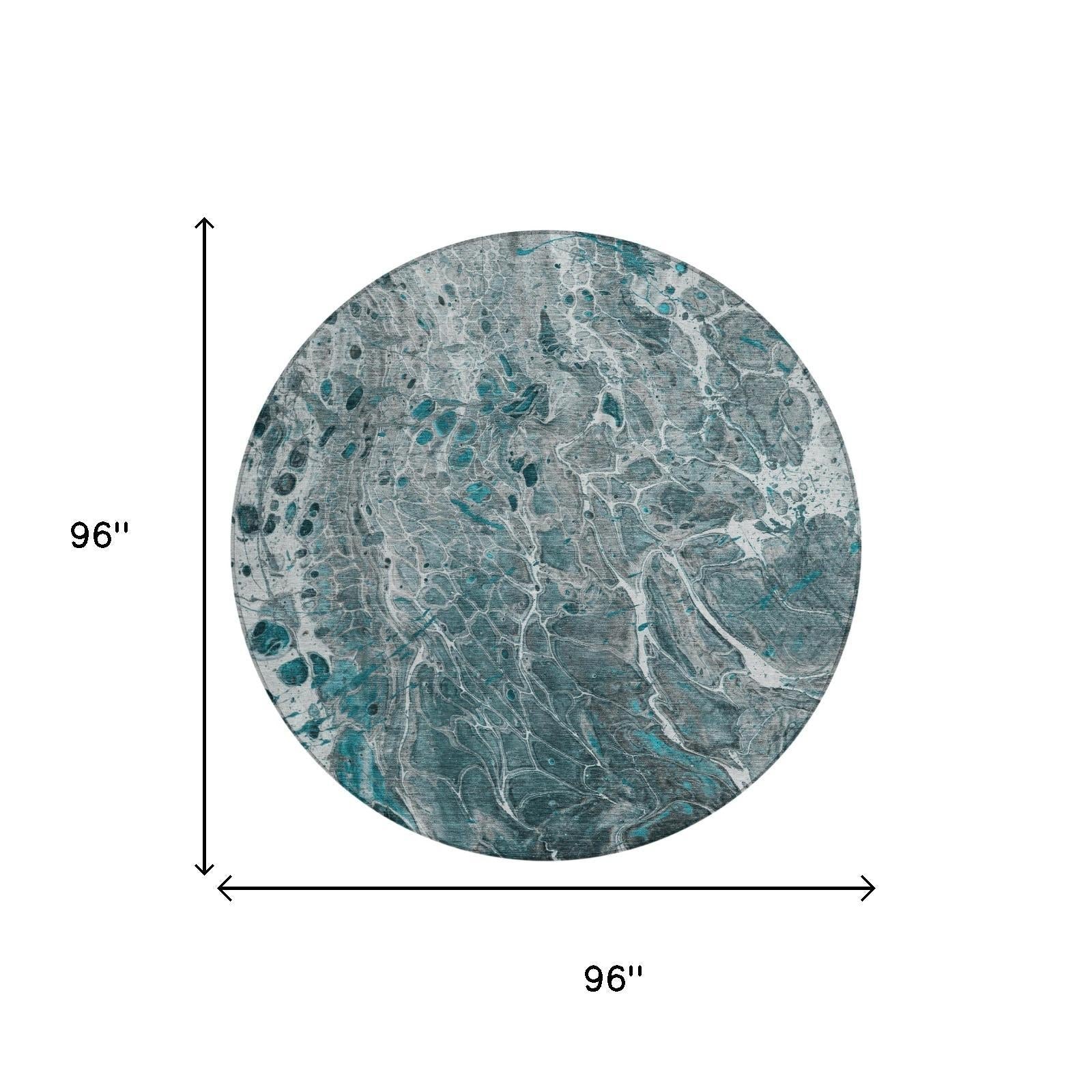 8' Teal Blue And Gray Round Abstract Washable Indoor Outdoor Area Rug Homeroots Outdoor