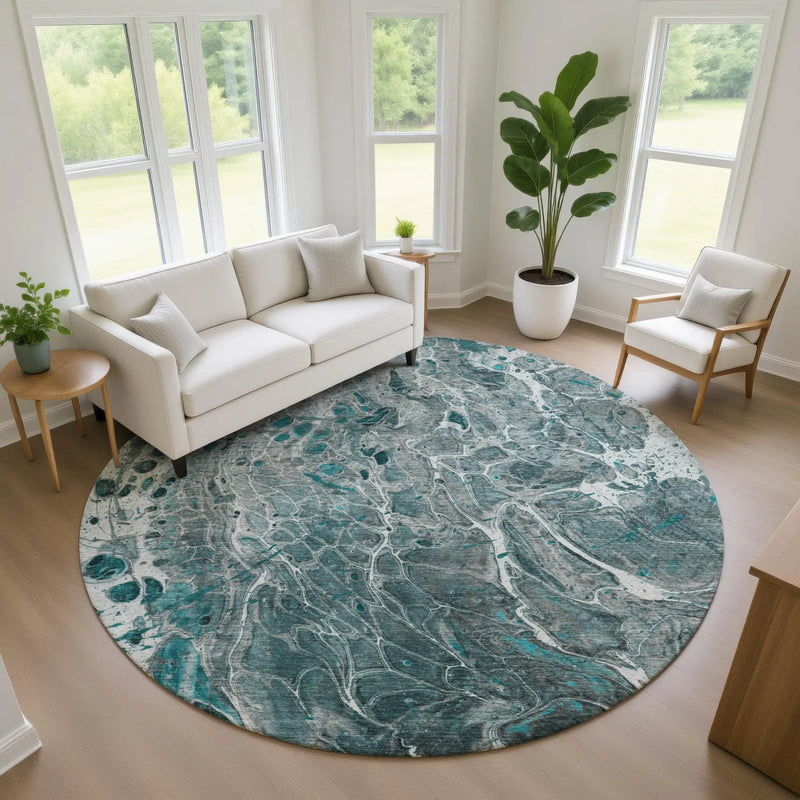 8' Teal Blue And Gray Round Abstract Washable Indoor Outdoor Area Rug Homeroots Outdoor
