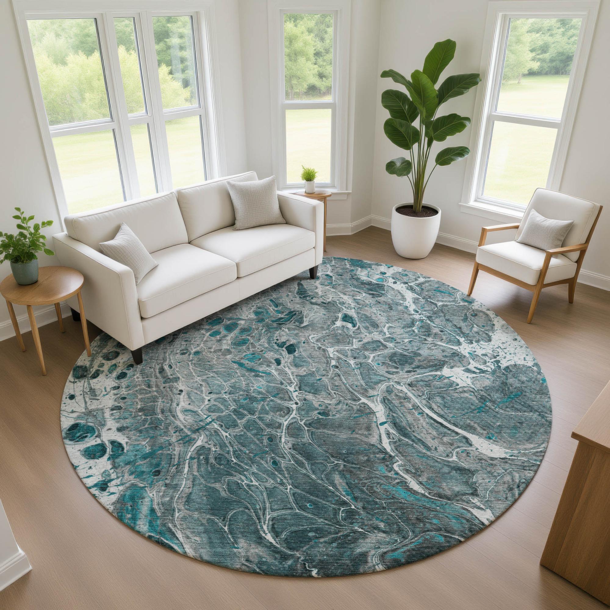 8' Teal Blue And Gray Round Abstract Washable Indoor Outdoor Area Rug Homeroots Outdoor