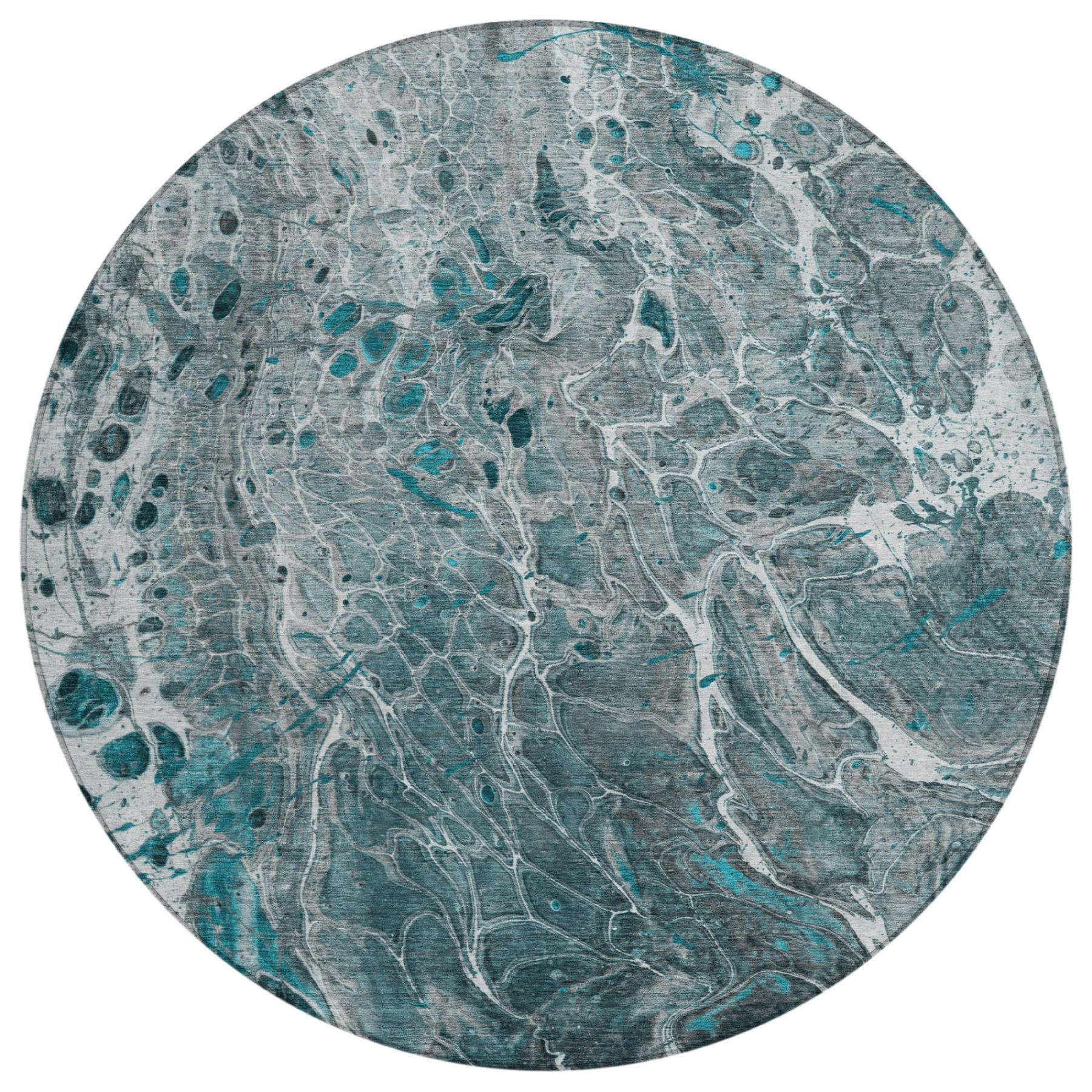 8' Teal Blue And Gray Round Abstract Washable Indoor Outdoor Area Rug Homeroots Outdoor